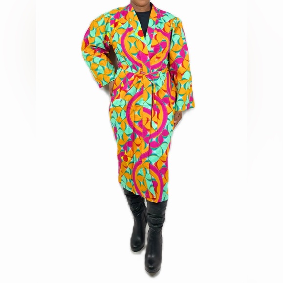 African Print Ankara Multicolor Belted Midi Cotton Blazer - Picture 3 of 8